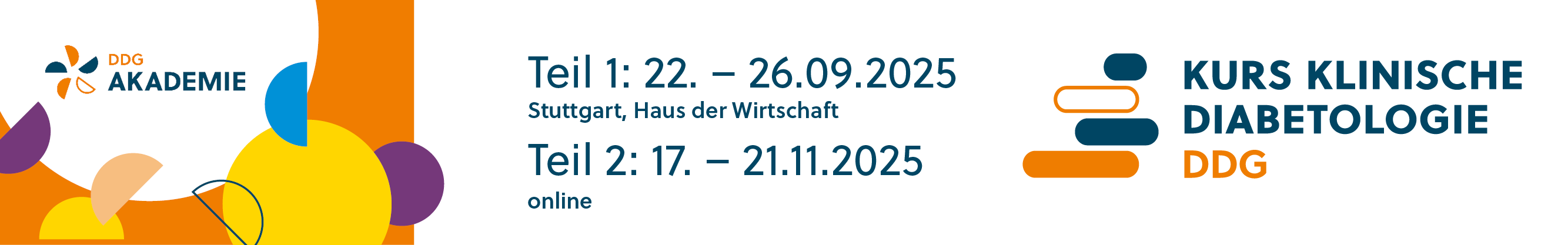 Header Banner für die Konferenz: 106. Kurs Klinische Diabetologie 2025. Diese geht vom 22. September 2025 bis 21. November 2025 in Stuttgart - online.