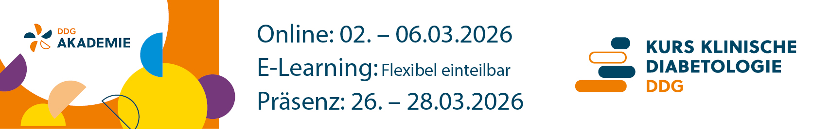 Header Banner für die Konferenz: 108. Kurs Klinische Diabetologie 2026. Diese geht vom 2. März 2026 bis 28. März 2026 in Online - Freiburg.